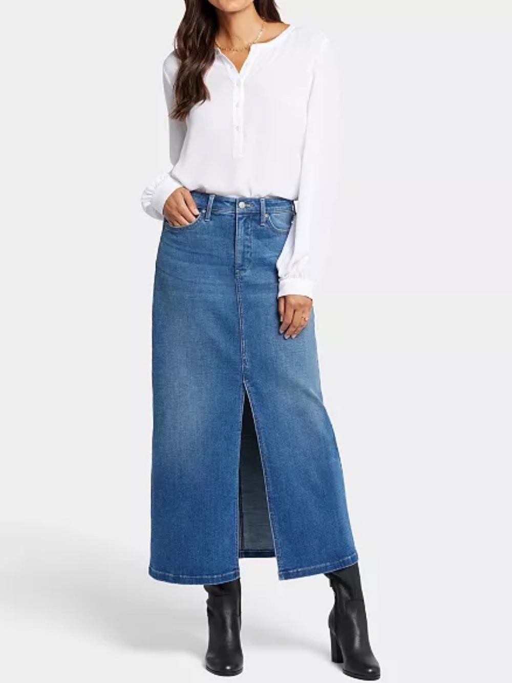 NYDJ High Rise Long Skirt Denim Maxi Front Slit Fairmont Size 10